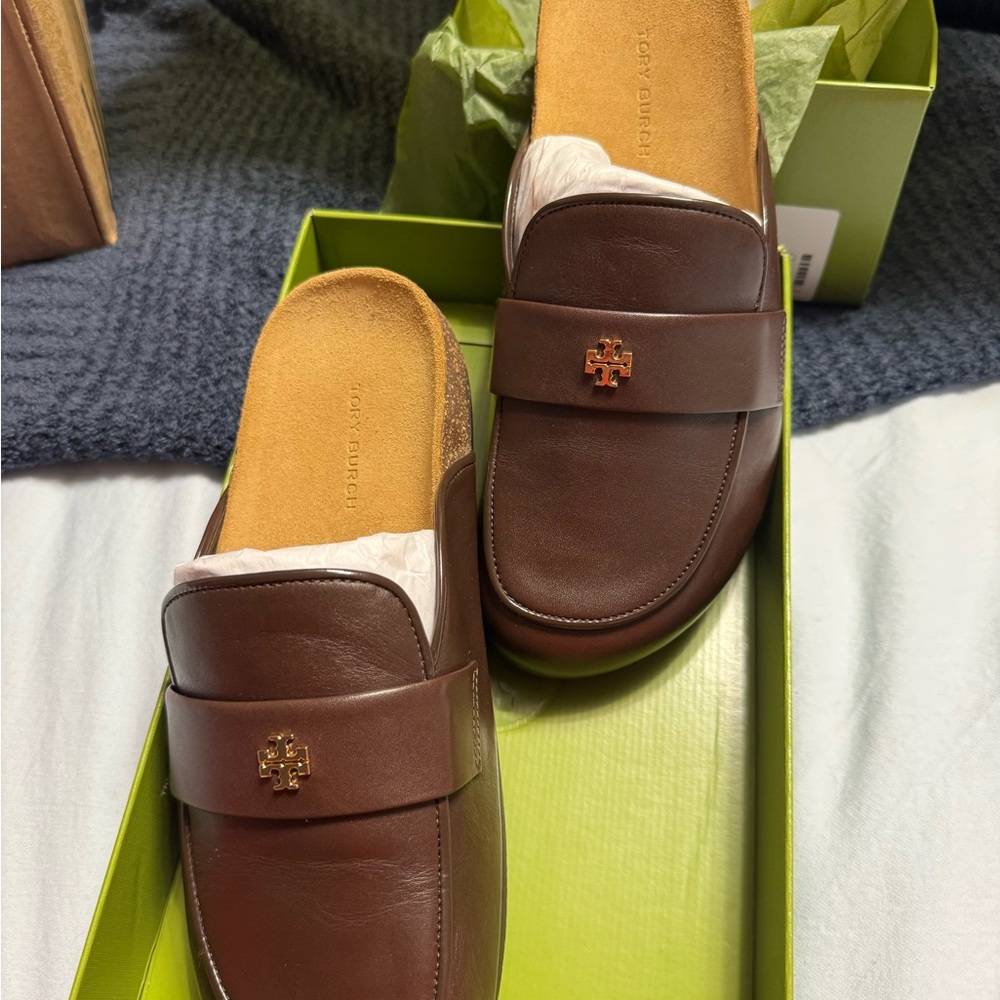 SOLD.   

Tory Burch Deep Mocha Everly Cork Mules